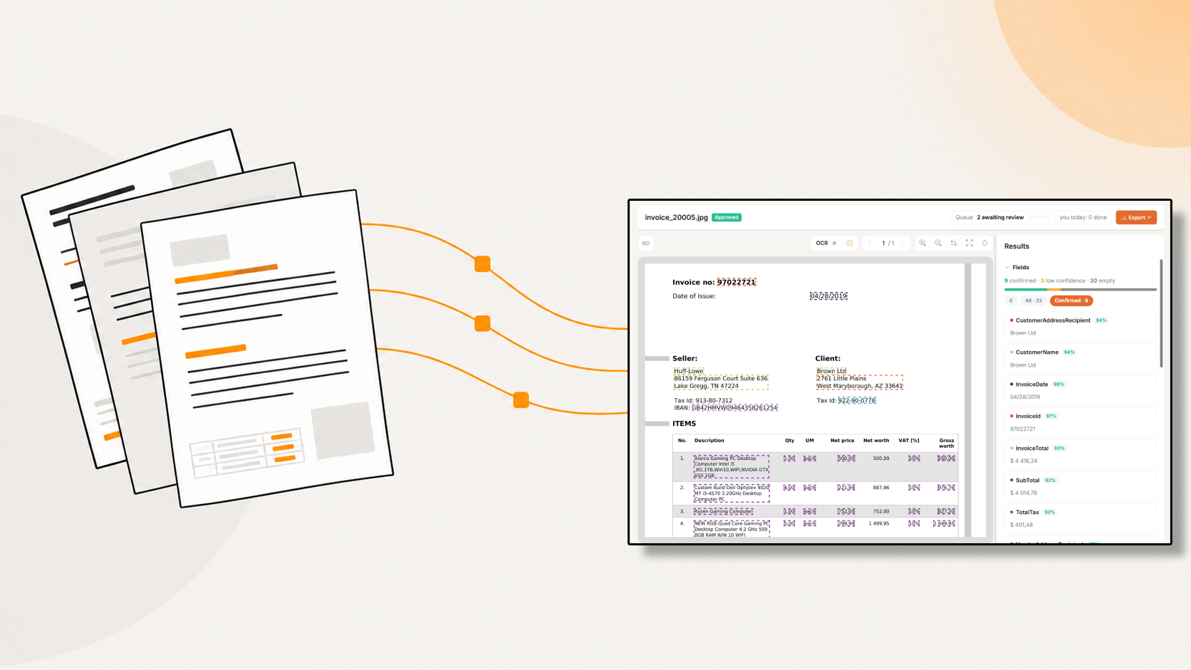 A scanned supplier invoice next to its extracted fields in Foxello