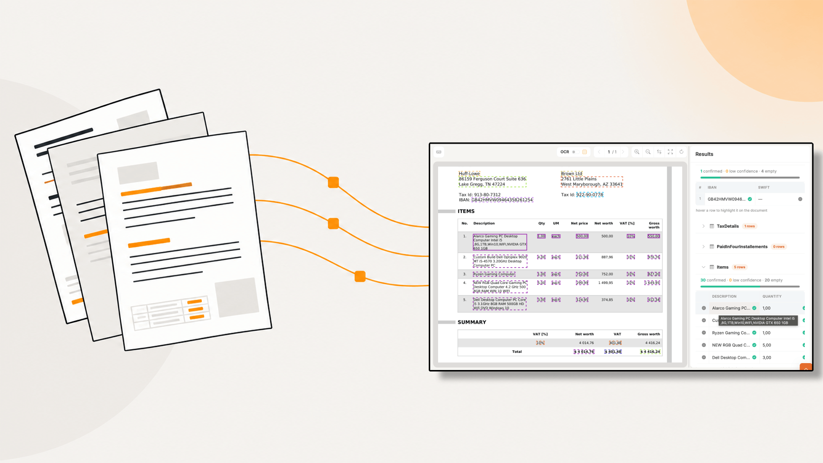Invoice line items extracted into an editable grid