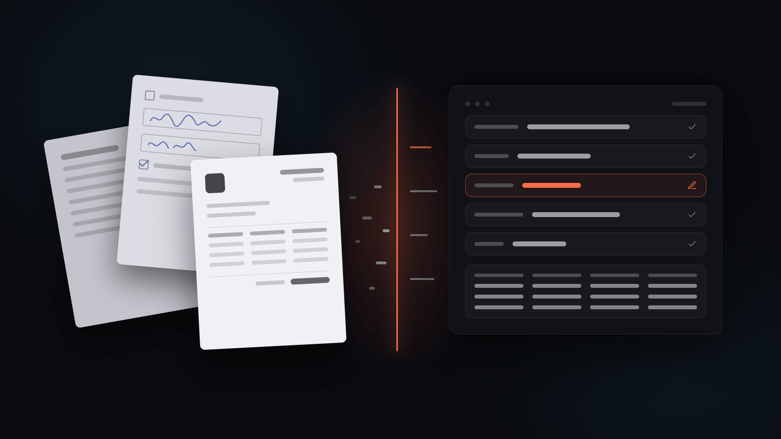 A stack of paper documents - a typed page, a handwritten form with checkboxes, and an invoice with a line-item table - passing through a scan line into structured rows of extracted data, with one row flagged for editing.
