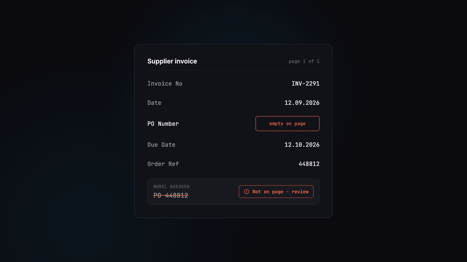 A supplier invoice where the PO Number field is marked 